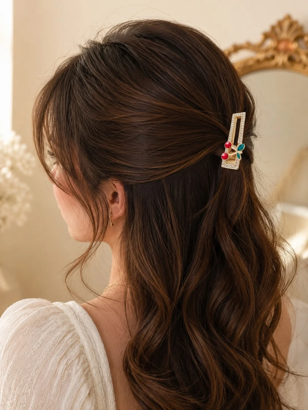 Set of 4 Gold Tone Alloy Cherry Hair Clips with Rhinestone Accents